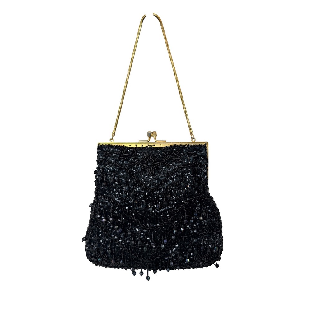 Vintage Black Beaded Sequin Evening Bag Gold Frame Kiss Lock Handmade Hong Kong